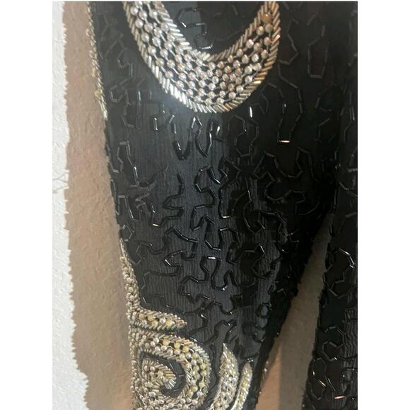 VTG Wayne Clark Silk Gown Evening Dress Womens Size L Black Silver Beaded 90s - Picture 10 of 12